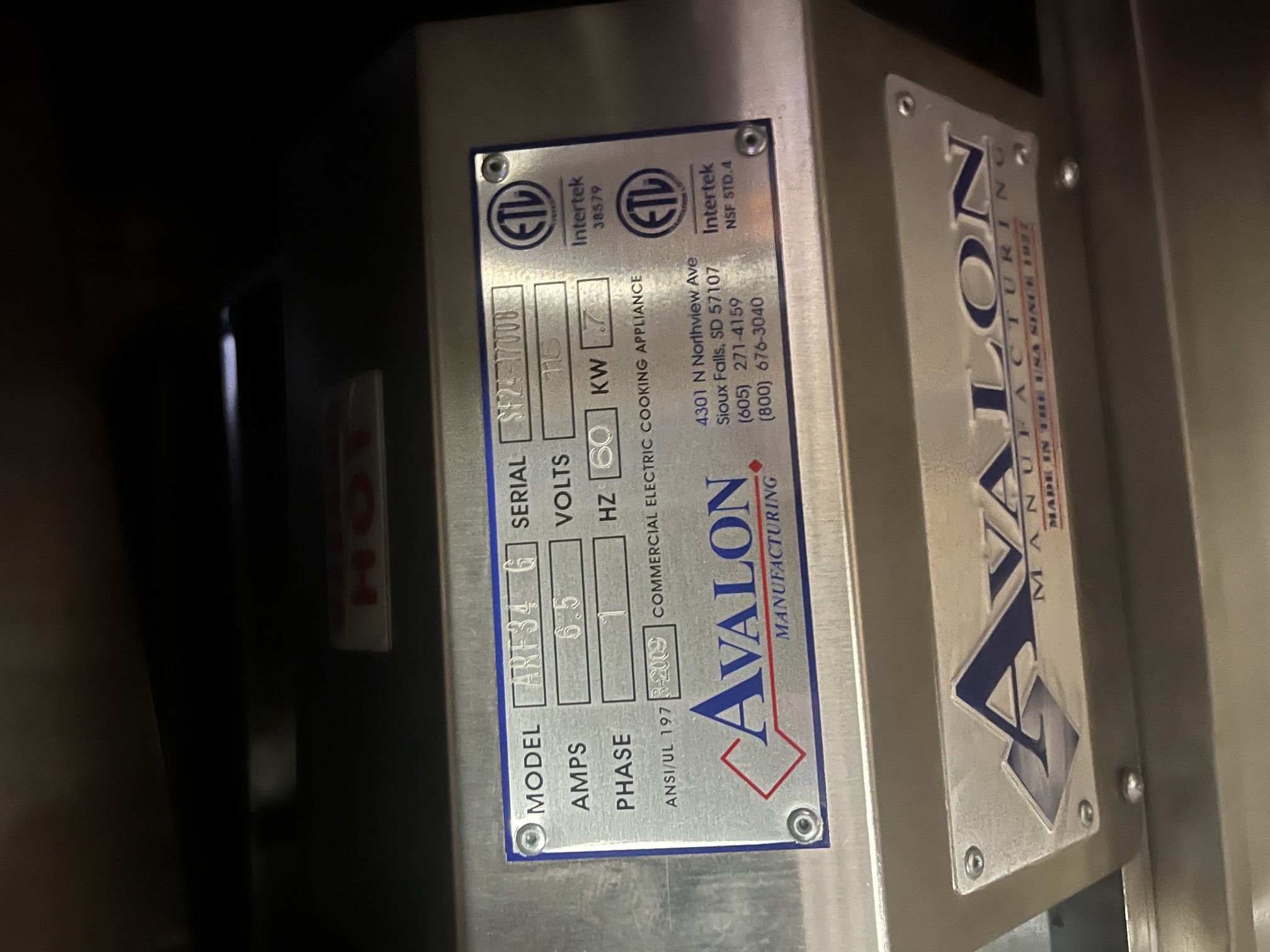 Data plate on Avalon ARF34-G filter showing model, serial SF24-17008, 6.5 amps, 115V, 1 phase, 0.7 kW