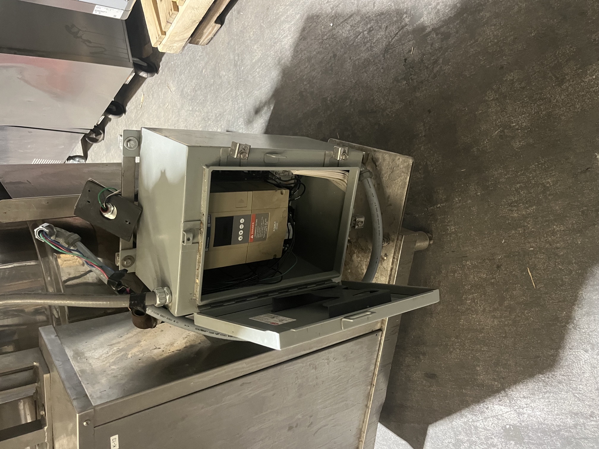 Rear electrical enclosure of Groen DHT/1-40 kettle showing variable frequency drive (VFD) and wiring