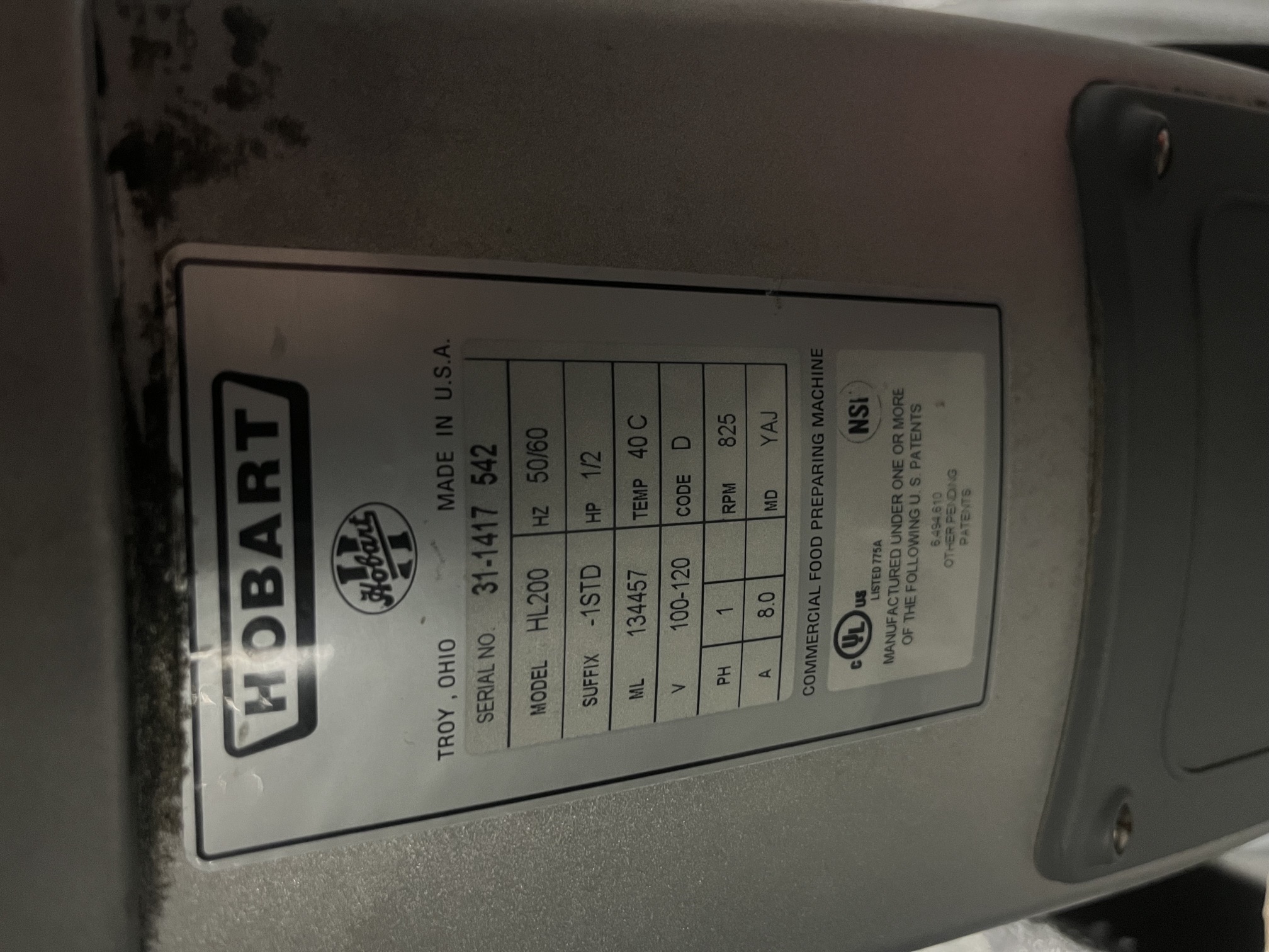Hobart HL200 data plate showing model number, serial number 31-1417 542, 120V single phase, 1/2 HP, made in Troy Ohio USA