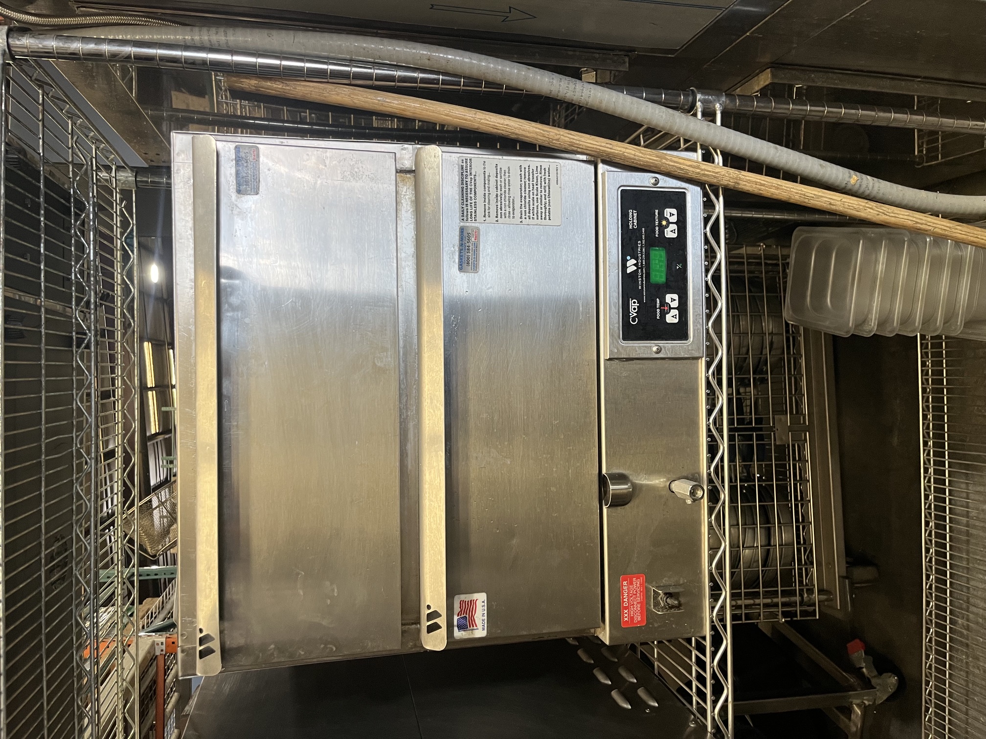 Winston CVap HBBOD2GE two-drawer stainless steel holding cabinet on a wire shelf with digital Food Temp and Food Texture controls visible on front panel