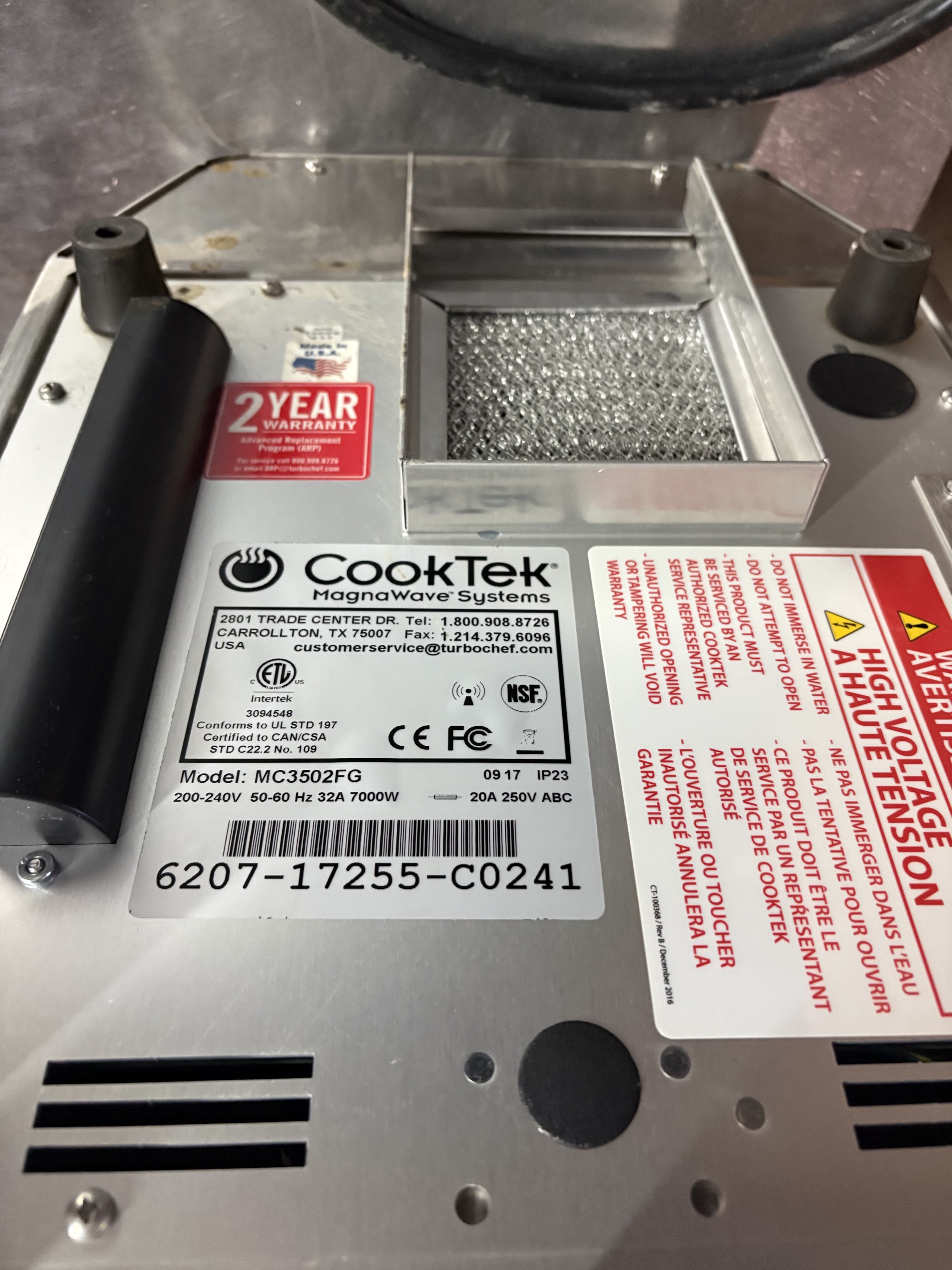 CookTek MC3502FG data plate showing model number, serial number, electrical specifications, NSF and ETL certifications, and Made in USA label