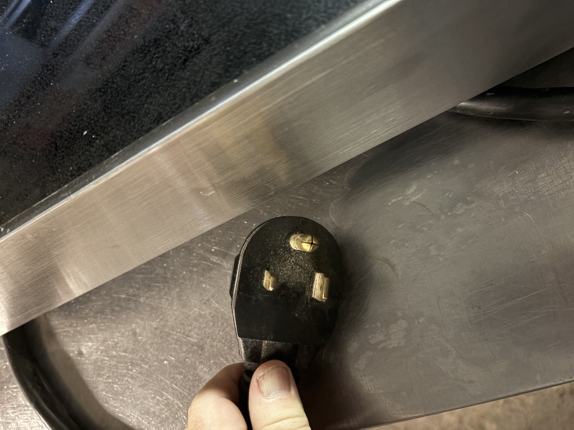 Close-up of the NEMA 6-50P power plug for the CookTek MC3502FG 240V induction cooktop