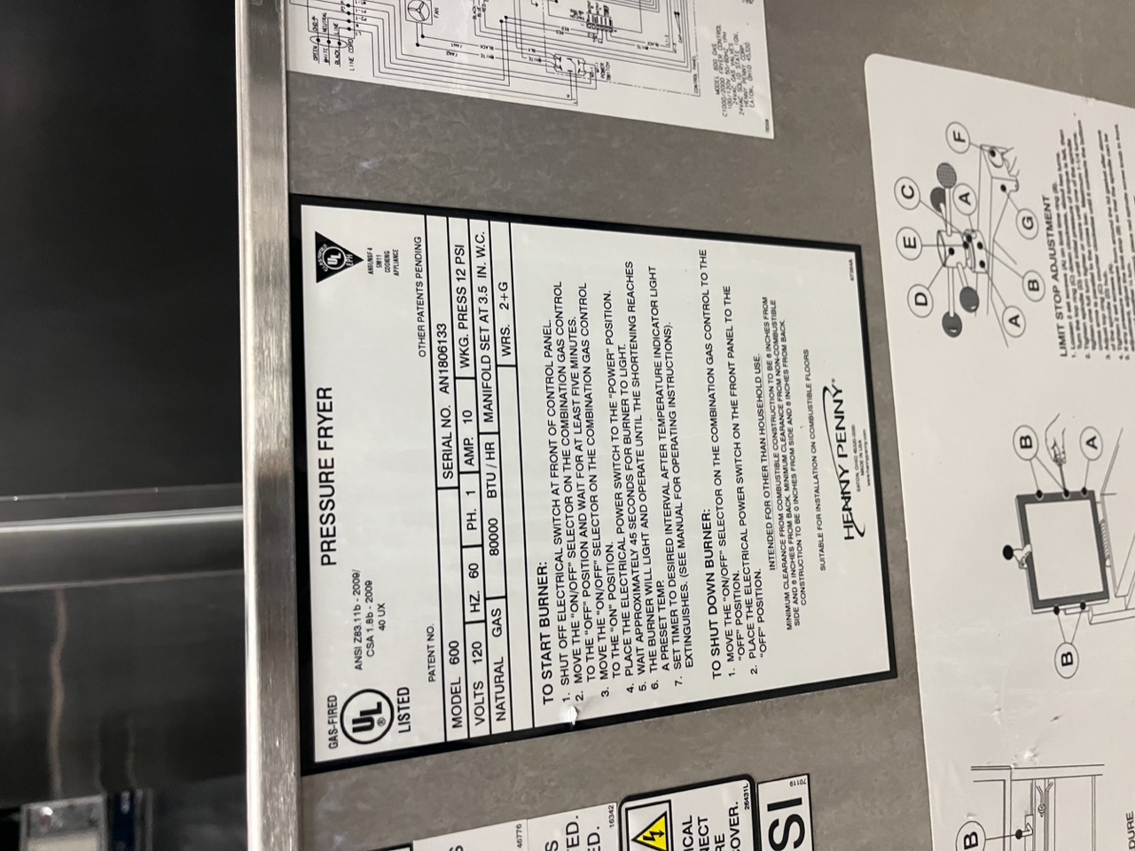 Henny Penny PFG-600 data plate showing Model 600, serial AN1806133, 80000 BTU natural gas, 120V 60Hz specifications
