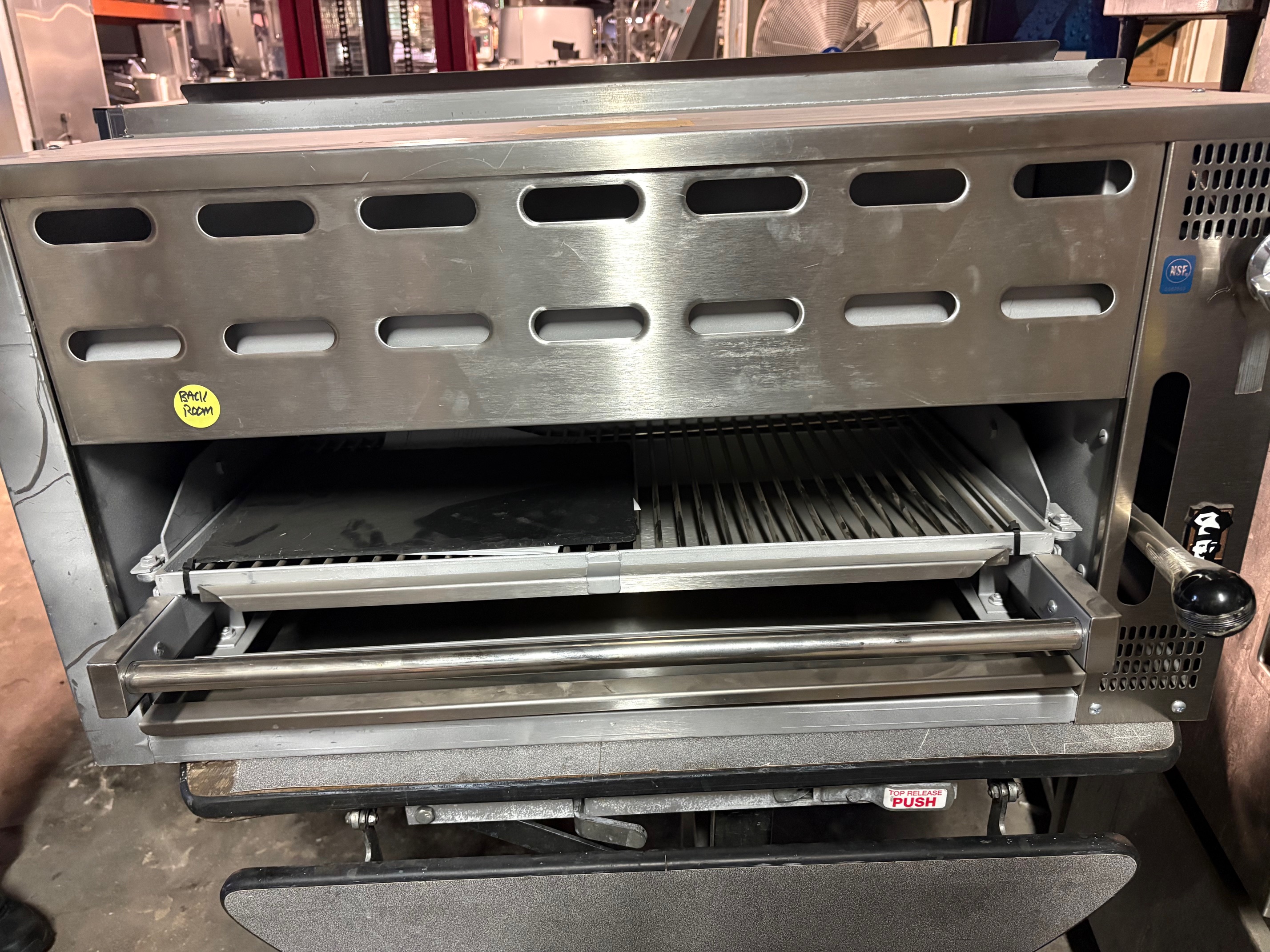Montague SB36 gas fired salamander broiler front view showing open cavity with adjustable grid rack and stainless steel construction