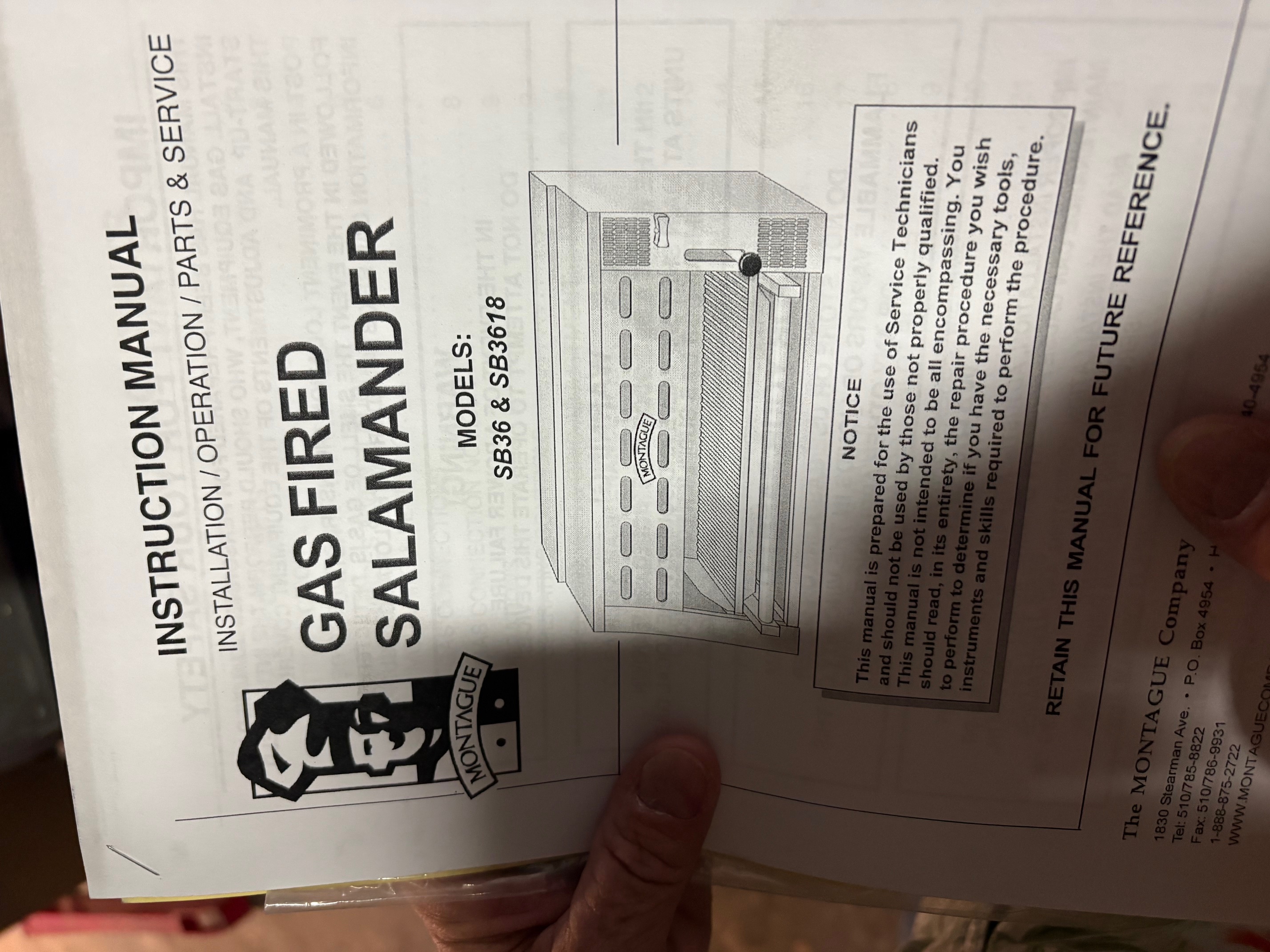 Montague SB36 instruction manual cover page for gas fired salamander models SB36 and SB3618