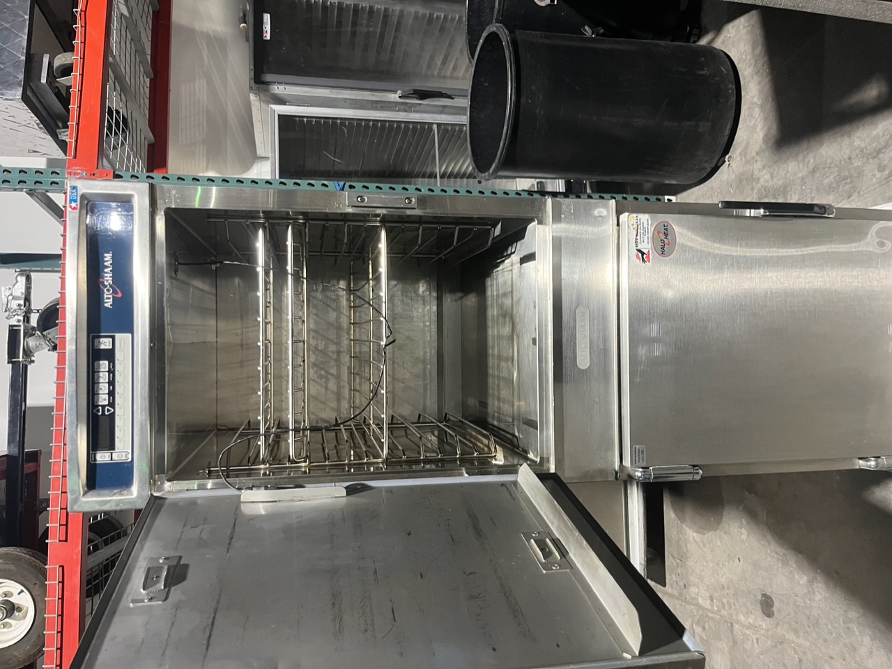 Alto-Shaam 1200-TH/III full-height cook and hold oven with upper door open showing wire racks and digital control panel
