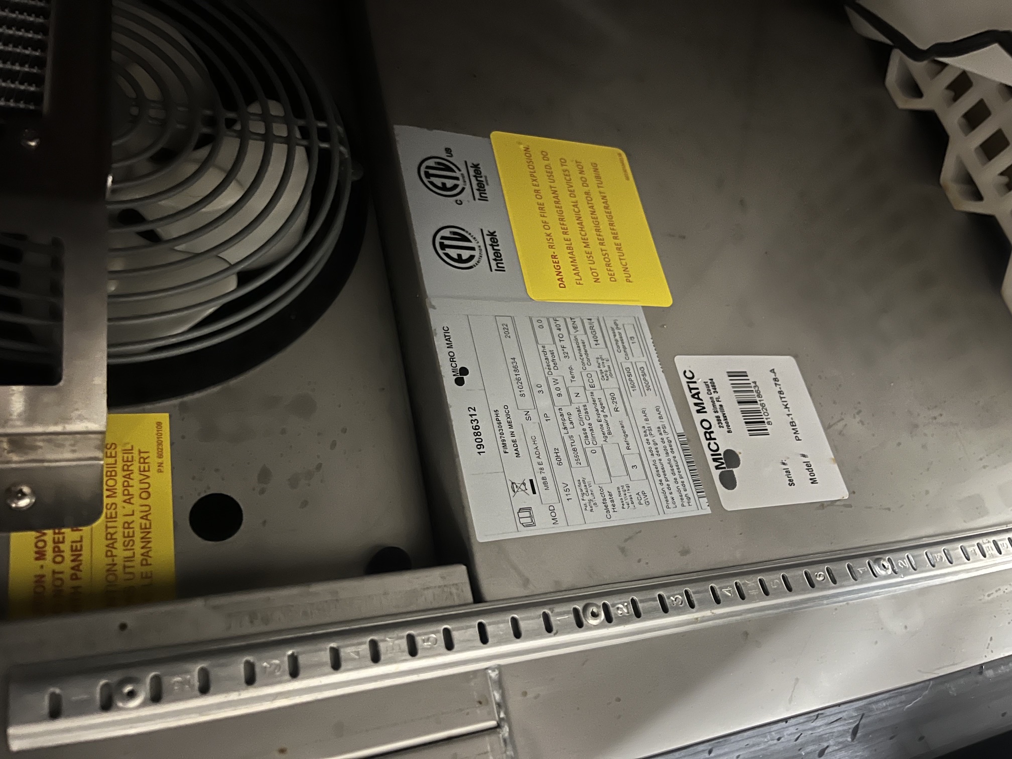 Data plate and serial number labels on Micro Matic MBB 78 E ADA-HC cooler showing model PMB-1-KIT8-78-A, 115V, 2022 manufacture date