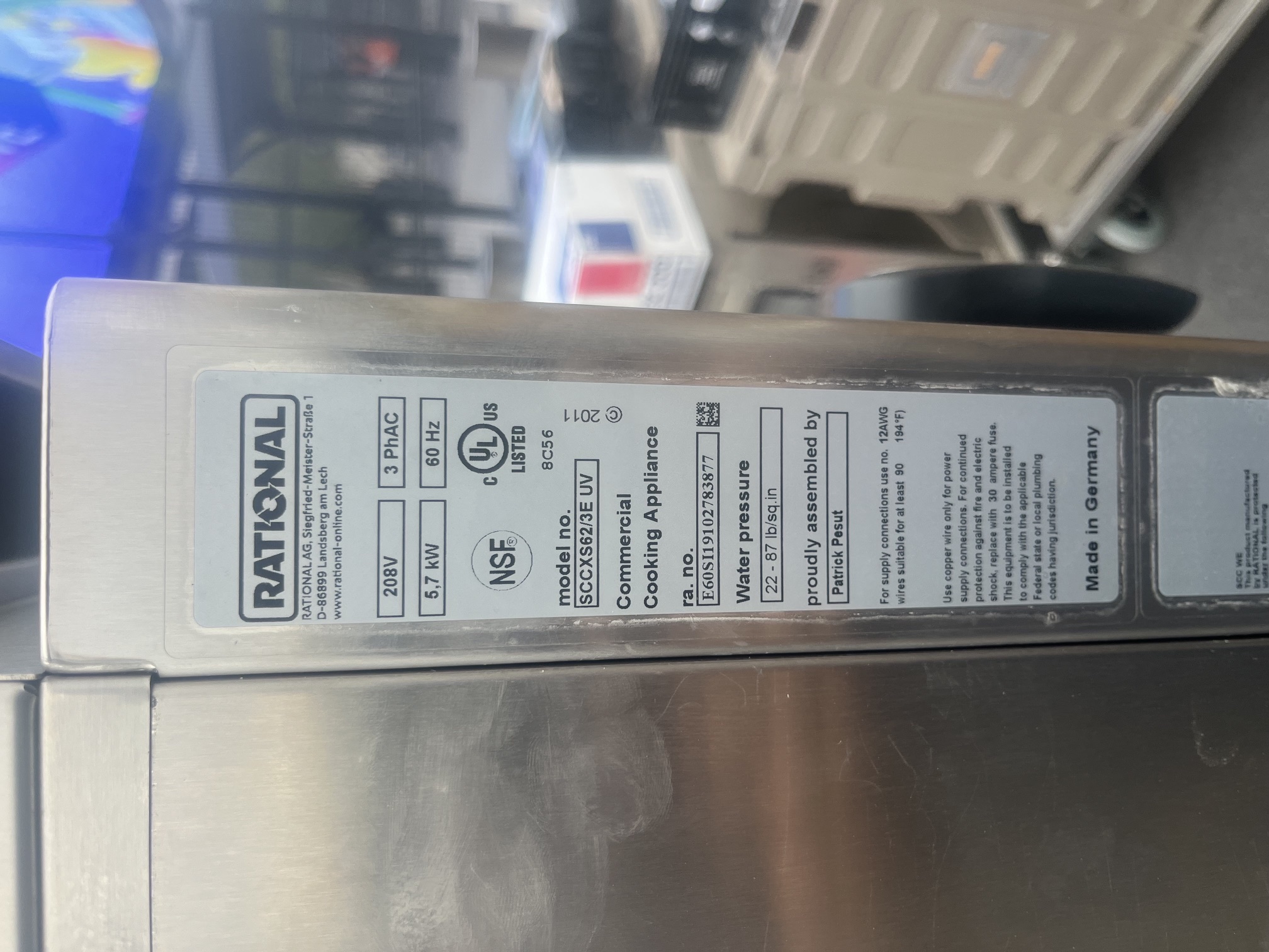 Rational SCCXS62/3E UV data plate showing 208V 3-phase, 5.7 kW, 60 Hz specs and serial number