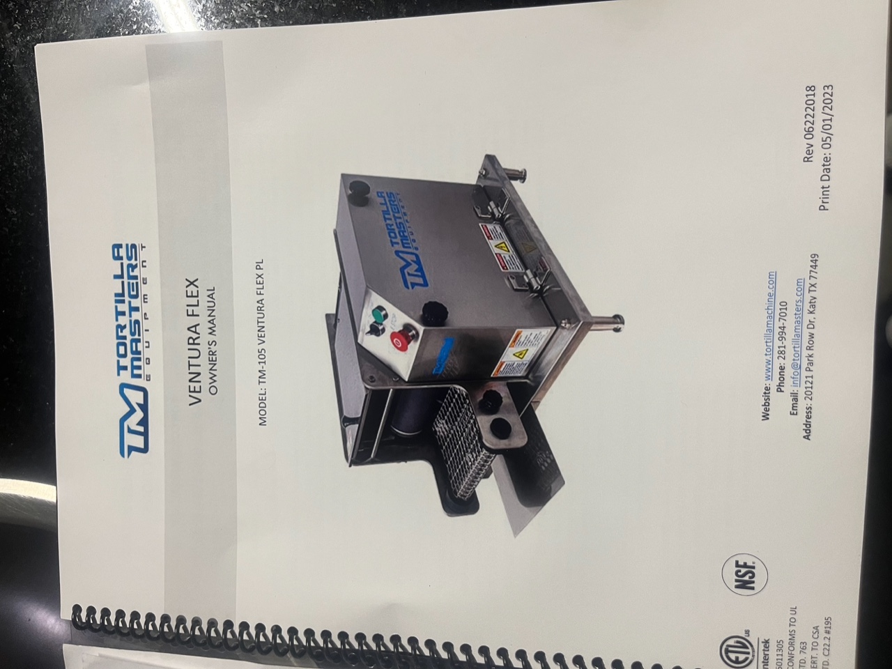 Tortilla Masters TM-105 Ventura Flex PL owner's manual front cover showing machine illustration and manufacturer details