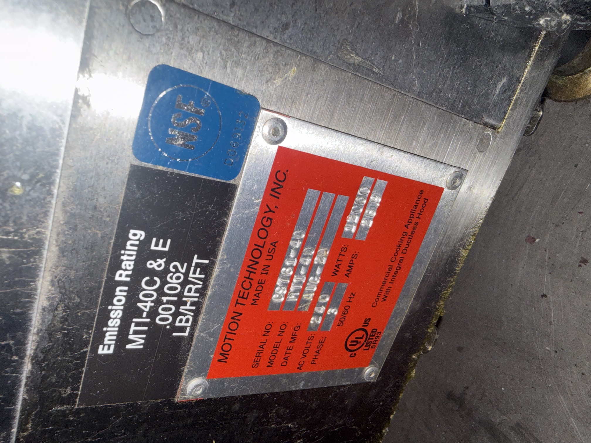 Data plate on AutoFry MTI-40 showing serial number C9761-40, model MTI-40, manufactured August 2020, 240V 3-phase, 12000 watts, 28.9 amps, NSF and UL certifications
